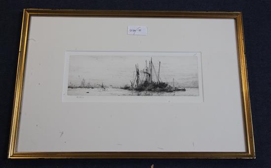 William Lionel Wyllie (1851-1931) Thames Estuary 4.25 x 13in.